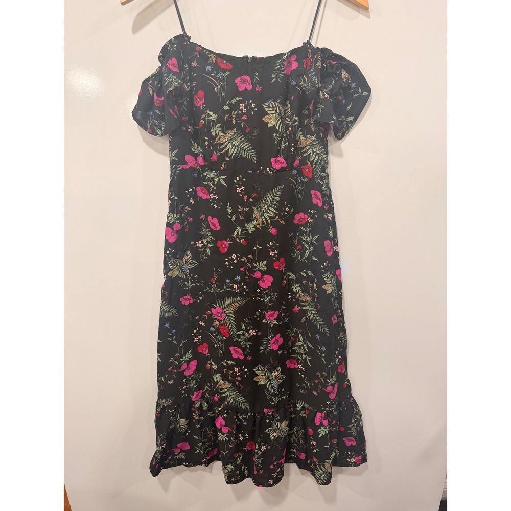 Vici Floral Cold Shoulder Midi Dress Black Pink Poppy Ruffle Small FD2990